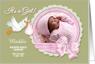 It’s a Girl! New Baby Announcement - Custom Photo & Name Stork card
