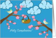 Spanish Birthday with Birds and Blossoms Feliz Cumpleanos card