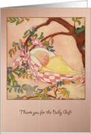 Thank you for the Baby Gift - Baby wrapped in Checkered Blanket hanging in a Tree card