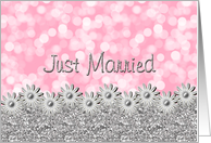 Just Married Announcement- Bokeh and Flowers - Silver Pink card