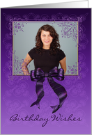 birthday photo frame card, purple with bow and fancy frame card