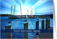 Birthday, Friend, Seagulls Perched on Bulkheads at Marina, Sunset card