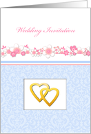 Wedding invitation, pink flowers on white, golden hearts on white, blue damasc pattern card