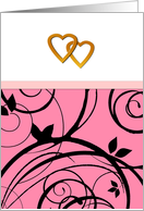 Wedding invitation, general, two golden hearts, black floral pattern on pink card