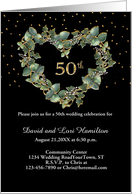 50th Wedding Anniversary Gold Look with White Heart Wreath Invitation card