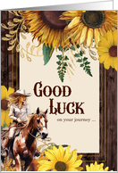 Good Luck Country Western Cowgirl with Sunflower and Barn Wood card