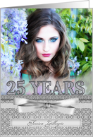 25th Birthday Party Silver Damask with Photo Custom card