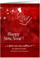 New Address Custom New Year Champagne in Red and White card