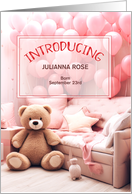 It’s a Girl Custom Baby Announcement Pink Balloons and Bear card