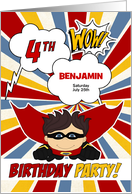 4th Birthday Party Boys Superhero Red Comic Book Theme Custom card