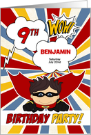 9th Birthday Party Boys Superhero Red Comic Book Theme Custom card