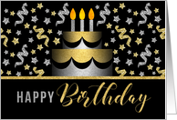 Happy Birthday Gold and Silver Faux Glitter on Black with Cake card