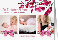 Christmas Blessing Birth Announcement Botanical Pink 3 Photo card
