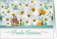 German Easter White Daisy Garden with Easter Bunny and Eggs card