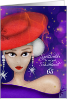 65 and Spectacular and Sensational in Red with Purple Dress Birthday card