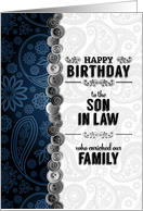 Son in Law Birthday in Blue and Silver Paisley with Buttons card