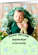Birth Announcement with Baby’s Photo Blue and Green Stars card