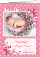 Pink Polka Dot Birth Announcement with Baby’s Photo for Girls card