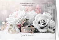 Just Married Announcement White Roses and Rings Custom card