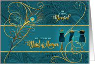 Maid of Honor Request Peacock in Teal and Gold card