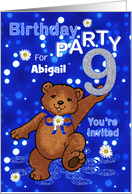 9th Birthday Teddy Bear Invitation for Girl, Custom Name card