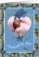 Birth Announcement Photo Card Girl Flowers and Heart card