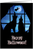 Cute Dog and Cat in Window With Witch Happy Halloween from Our House card