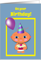 Kids Birthday Baby with Cupcake and Balloon card