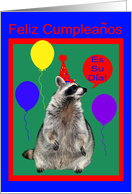 Birthday in Spanish with a Raccoon Wearing a Party Hat and Balloons card