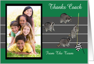 Thank You To Coach Photo Card, custom, four raccoons ready to run card