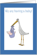 We are having a baby.stork and baby,humor card
