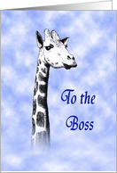 Happy Birthday to Boss, giraffe in clouds. card