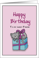 Happy Birthday to my sweet Friend- Cat tied up on top of a Gift card