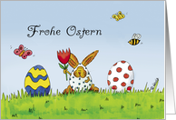 German Frohe Ostern -Humorous with Rabbit in Egg Costume card