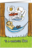 Humorous Father’s Day Card for Son - Relaxed Dad in Hammock card