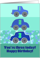 Happy Birthday for Three Year Old with Blue Cars Green Numbers Stars card