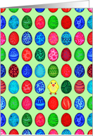 Happy Easter with Bright Colored Decorated Eggs and Cute Little Chick card