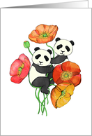 Poppy Flowers with Pandas Blank Inside Cute Hand Drawn Illustration card