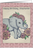 Happy Birthday, Stephanie! Cute elephant illustration, pastels, pink card