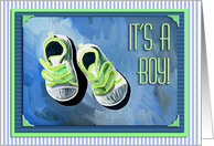 Birth announcement, It’s a boy! Painted baby shoes, blue, stripes. card