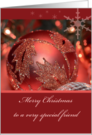 Merry Christmas Special Friend, pink ornament, lights and snowflakes card