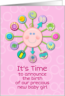 New Baby Girl Birth Announcement Pink Cute Baby Clock It’s Time card