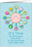New Baby Boy Birth Announcement Blue Cute Baby Clock It’s Time card