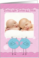 Twin Girls Birth Announcement Blue Birdies Custom Photo Card