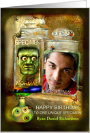 Happy Birthday to Specimen, Creepy Head in Jar Humor Photo Card