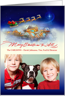 Santa and Reindeer Flying over Village, Merry Christmas for Photo card