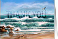 Thank You Seascape with Seagulls Thanks Written in Aqua Waves card