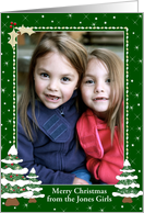 Christmas Photo Card Border - Snowy Decorated Christmas Trees, Portrait Format card