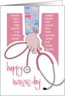 Hand Lettered Nurses Day 2024 Nurse Holding Stethoscope in Scrubs card