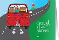 Good Luck with Move, For Guy, Red Car & Guy Belongings card